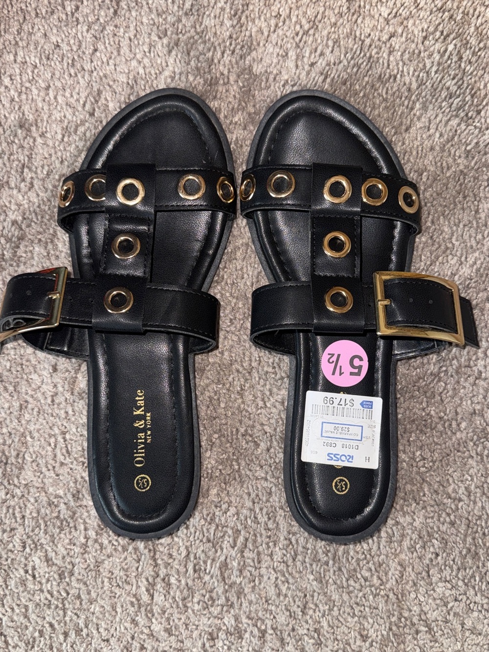 Black Slide Sandals with Gold Grommet Detail